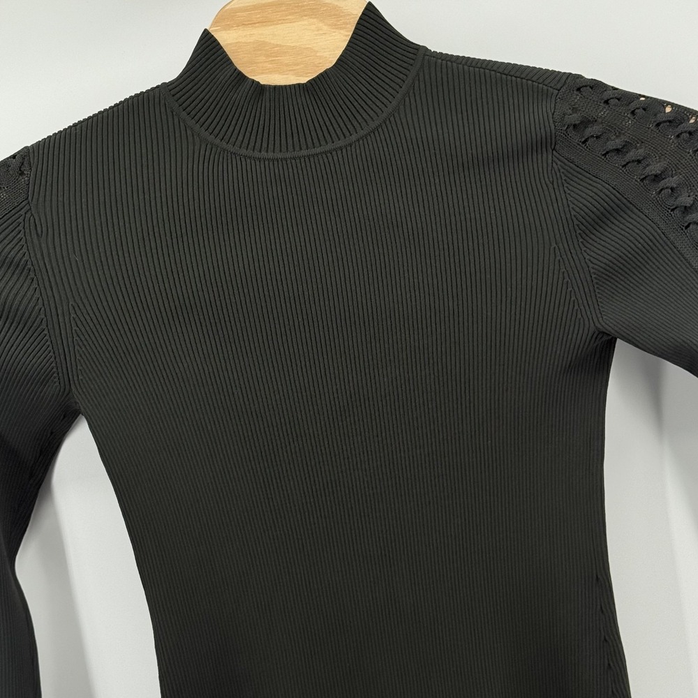 White House Black Market Sweater Tunic Small Green Mock Neck Ribbed Knit Lace